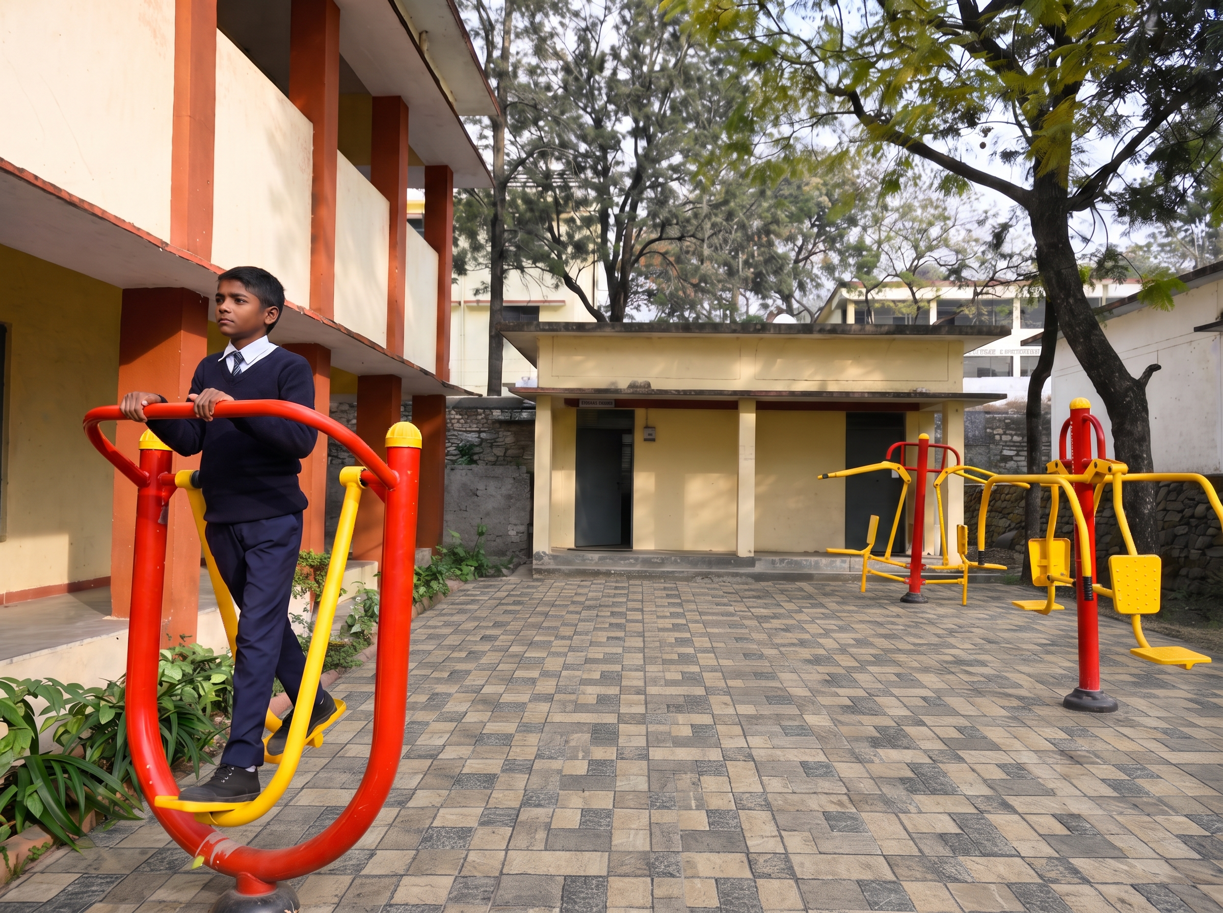 Concept visualisation of outdoor fitness machines installed on open lawn grounds