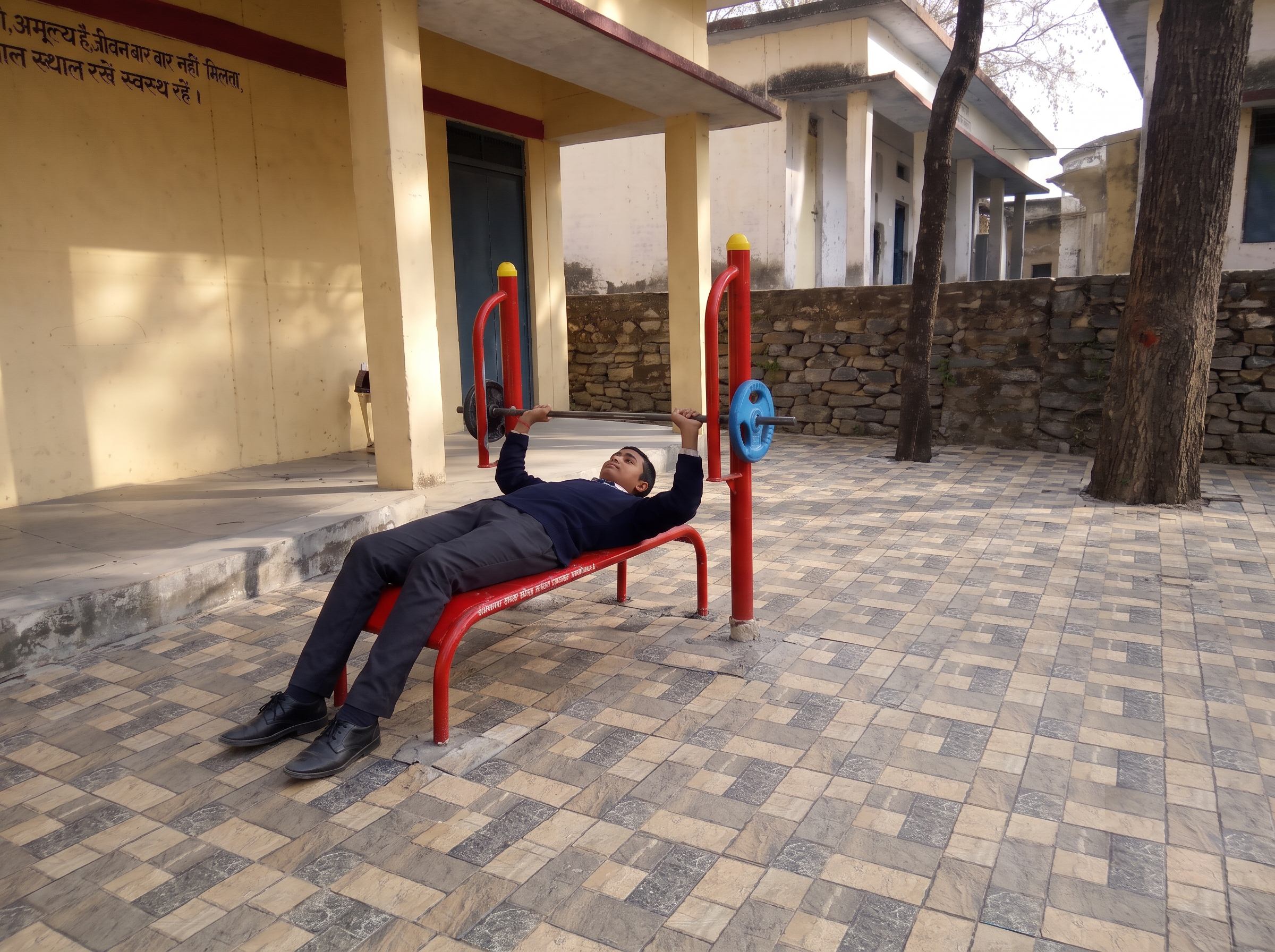 Concept visualisation of multi-station outdoor workout apparatus on campus lawn