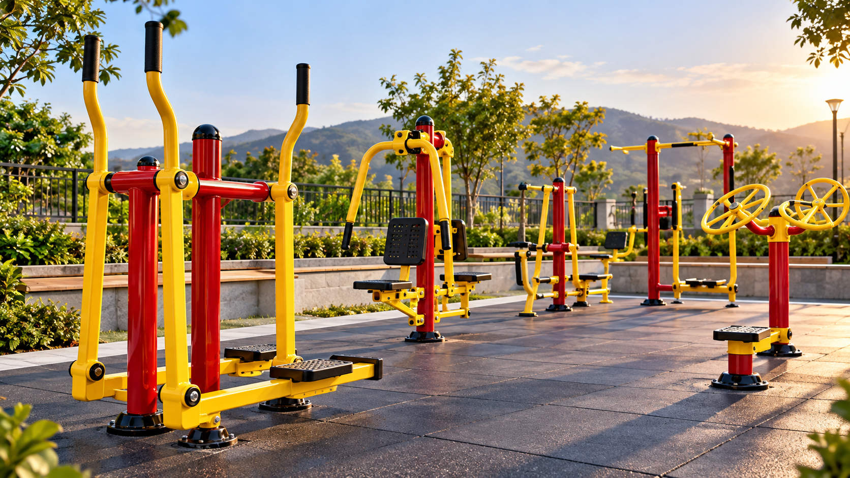 Concept visualisation of outdoor fitness equipment in a green campus park